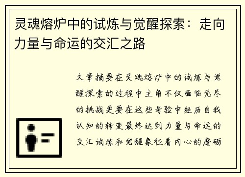 灵魂熔炉中的试炼与觉醒探索：走向力量与命运的交汇之路