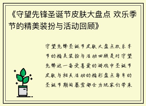 《守望先锋圣诞节皮肤大盘点 欢乐季节的精美装扮与活动回顾》