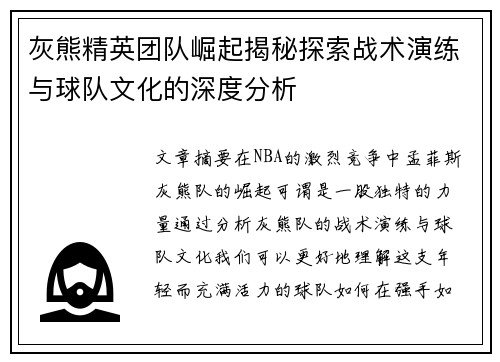 灰熊精英团队崛起揭秘探索战术演练与球队文化的深度分析